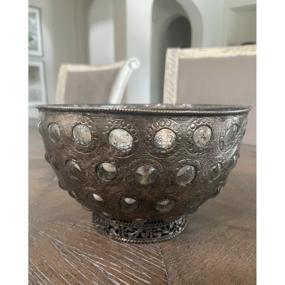 Vtg Caged Glass Bubble Stone Bowl Ornate Silver Metal Overlay‎ Filigree Foot Rim